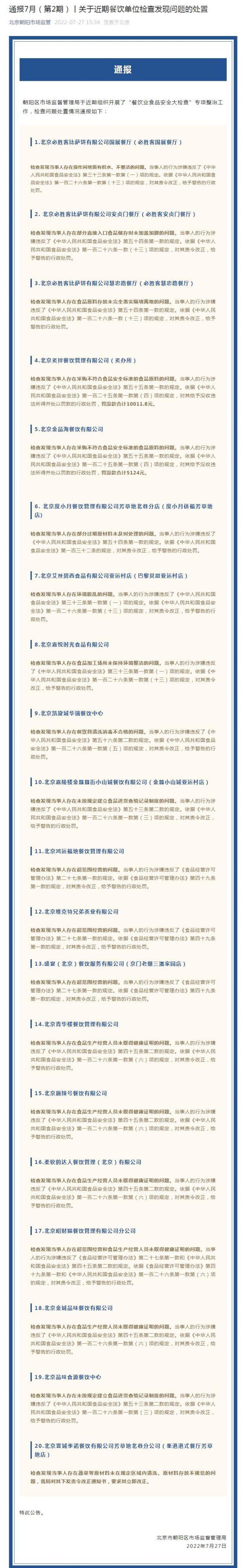 北京朝阳通报20家餐饮单位，其中涉3家必胜客餐
