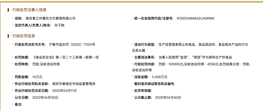 南京一餐厅用“金箔”做菜被罚10万元！已暂停营业