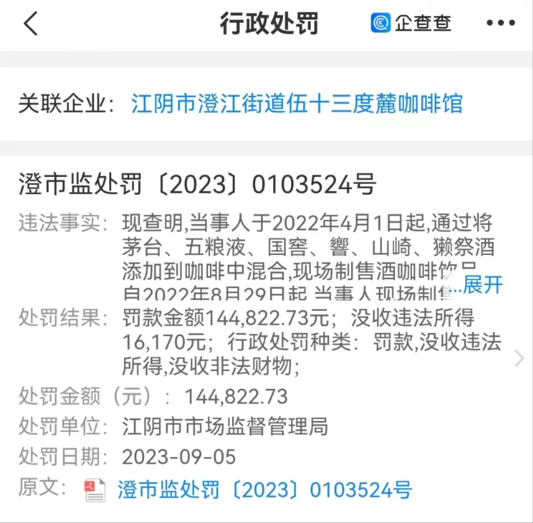 用茅台、五粮液等自制咖啡，商家被罚14万元！